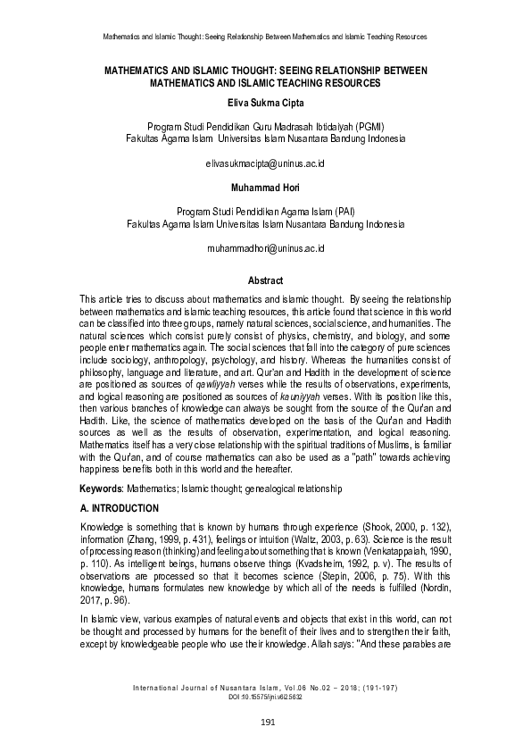 (PDF) Mathematics and Islamic Thought: Seeing Relationship Between ...