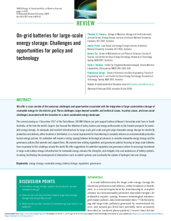 (PDF) On-grid batteries for large-scale energy storage: Challenges and ...