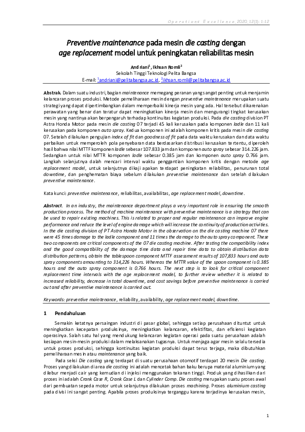(PDF) Preventive maintenance pada mesin die casting dengan age ...