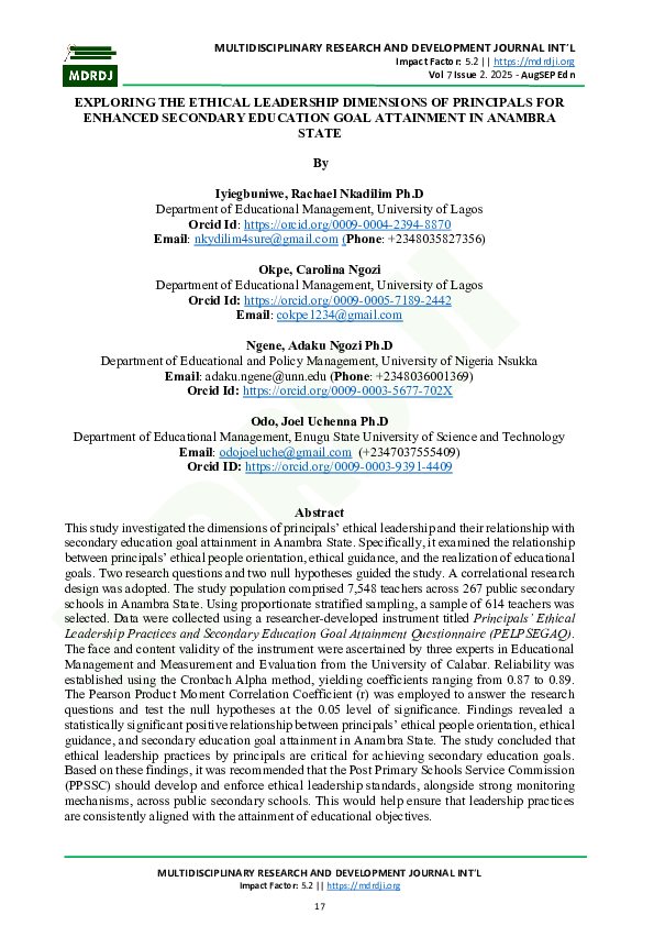 (PDF) EXPLORING THE ETHICAL LEADERSHIP DIMENSIONS OF PRINCIPALS FOR ...