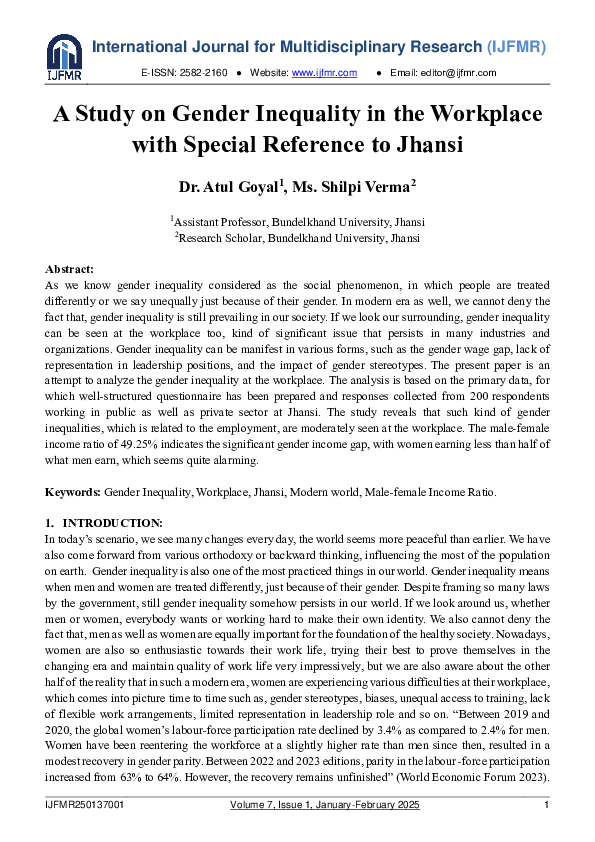 (PDF) A Study on Gender Inequality in the Workplace with Special ...