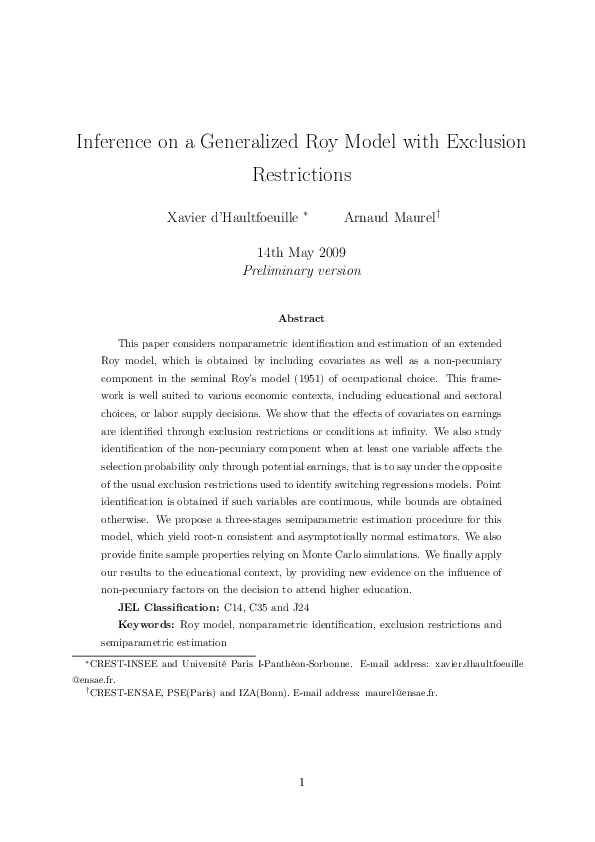 (PDF) Inference on a Generalized Roy Model with Exclusion Restrictions