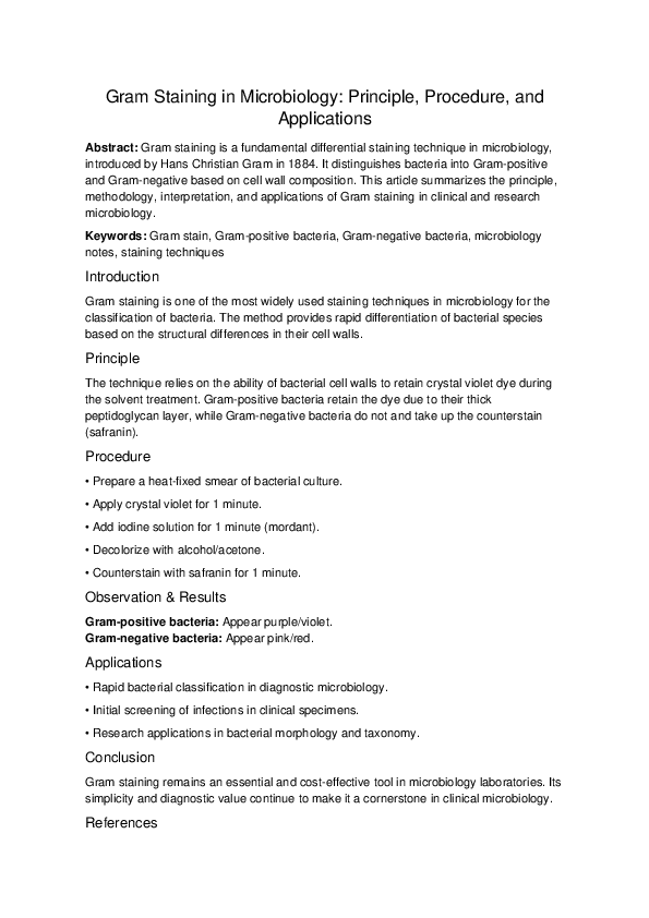 (PDF) Gram Staining in Microbiology: Principle, Procedure, and Applications