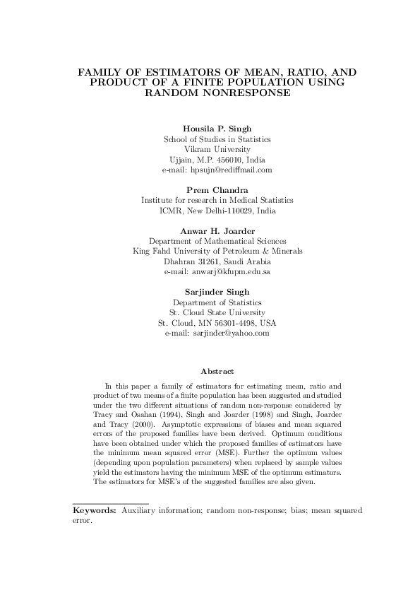 (PDF) Family of estimators of mean, ratio and product of a finite ...