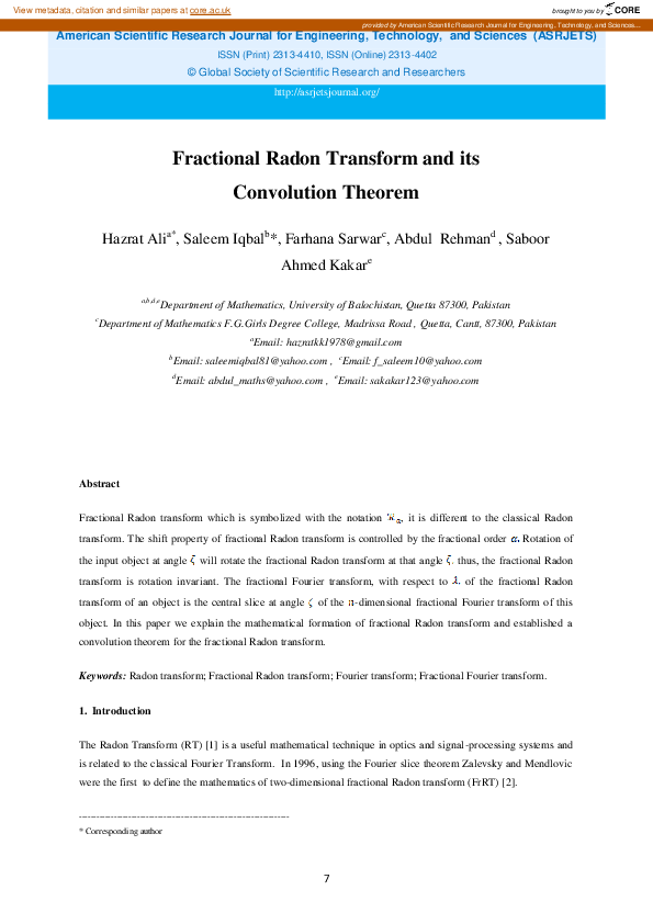 (PDF) Fractional Radon Transform and its Convolution Theorem