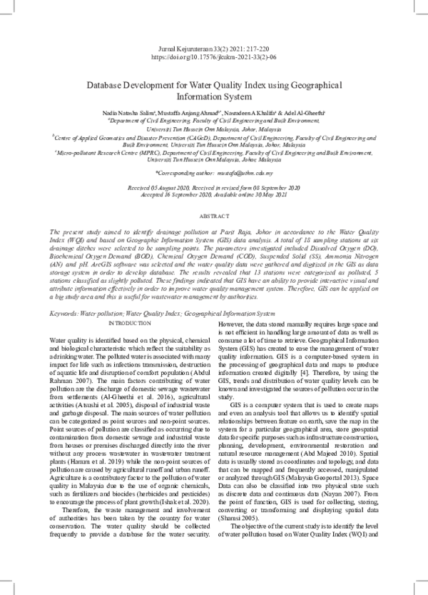 (PDF) Database Development for Water Quality Index using Geographical ...