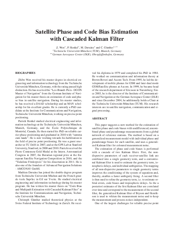 (PDF) Satellite phase and code bias estimation with cascaded Kalman filter