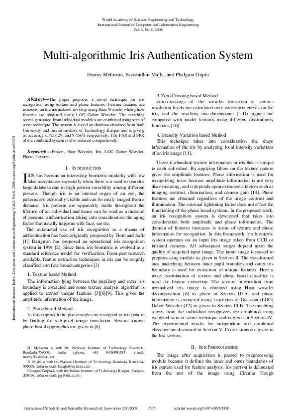 (PDF) Multi-Algorithmic Iris Authentication System