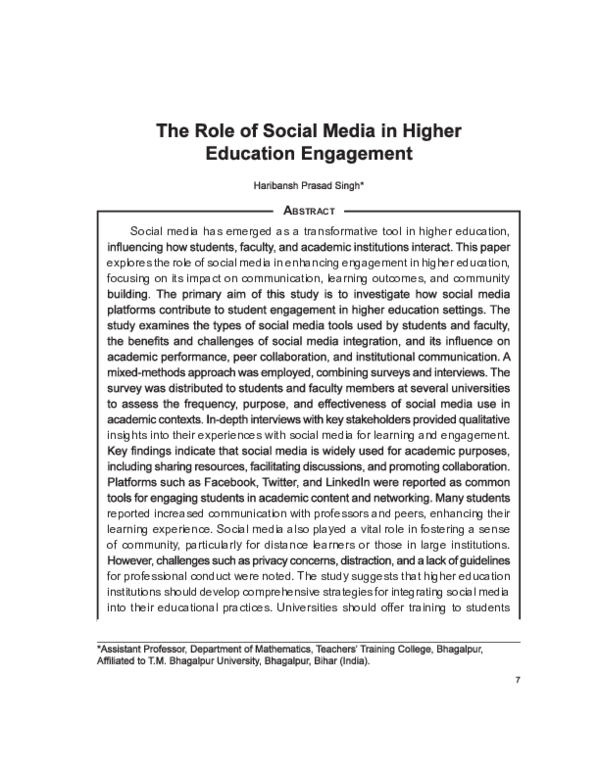 (PDF) The Role of Social media in Higher Education Engagement