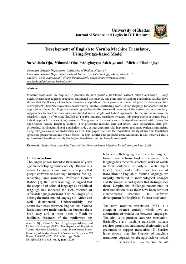 (PDF) Development of English to Yoruba Machine Translator using Syntax ...