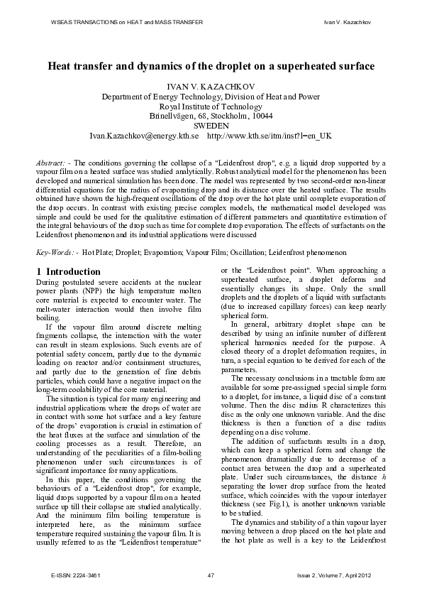 (PDF) Heat transfer and dynamics of the droplet on a superheated surface