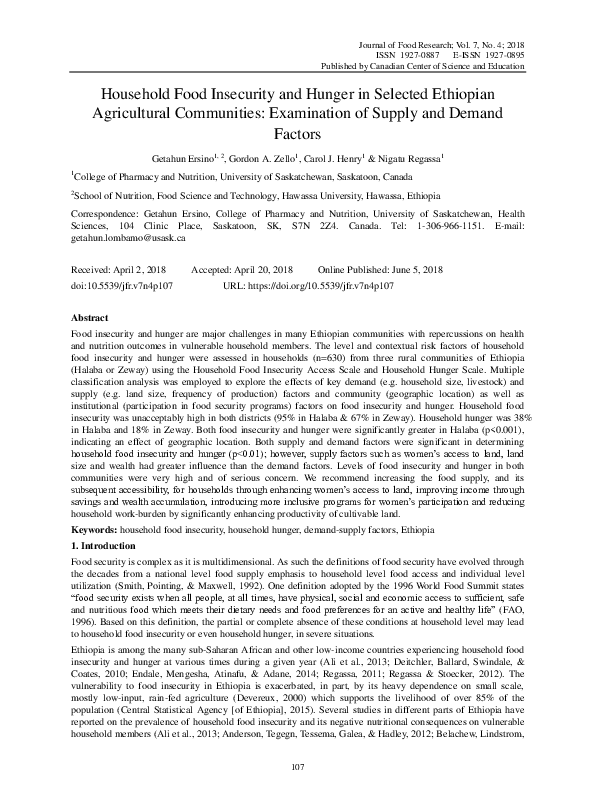 (PDF) Household Food Insecurity and Hunger in Selected Ethiopian ...