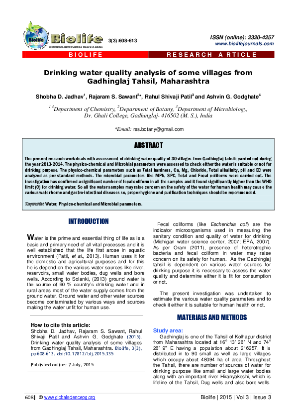 (PDF) Drinking water quality analysis of some villages from Gadhinglaj ...