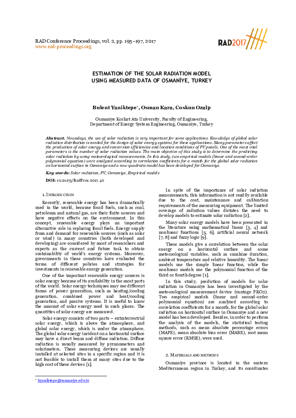 (PDF) Estimation of Solar Radiation Model Using Measured Data in a ...