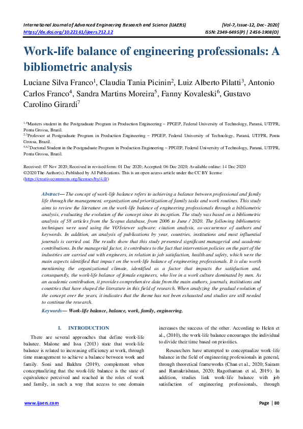 (PDF) Work-life balance of engineering professionals: A bibliometric ...