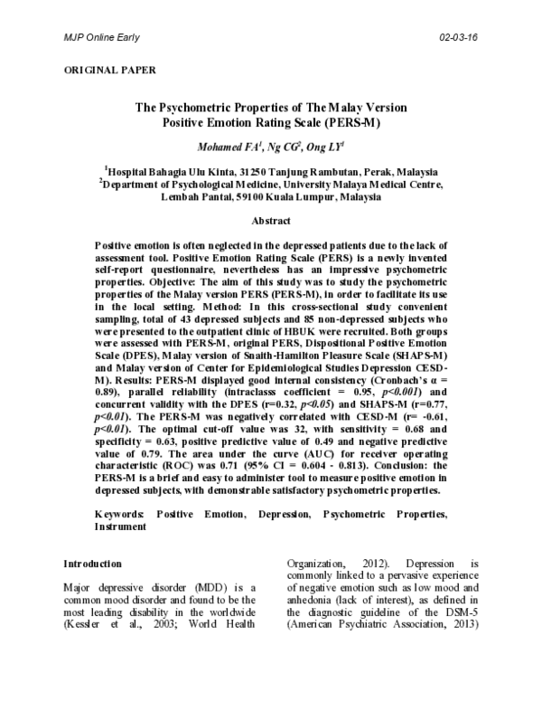 (PDF) The Psychometric Properties of The Malay Version Positive Emotion ...