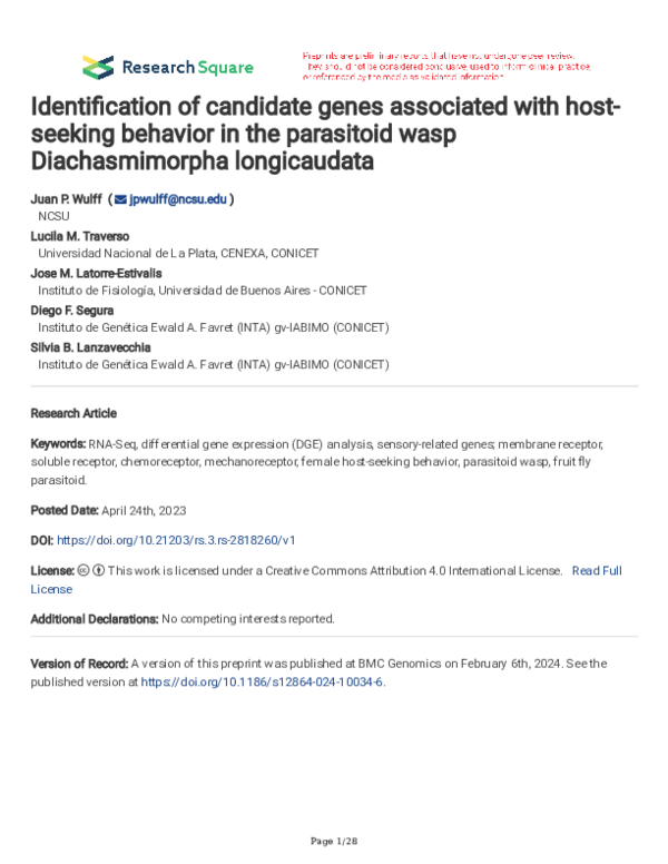 (PDF) Identification of candidate genes associated with host-seeking ...