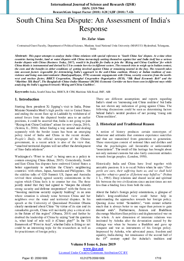 (PDF) South China Sea Dispute : An Assessment of India ' s Response Dr