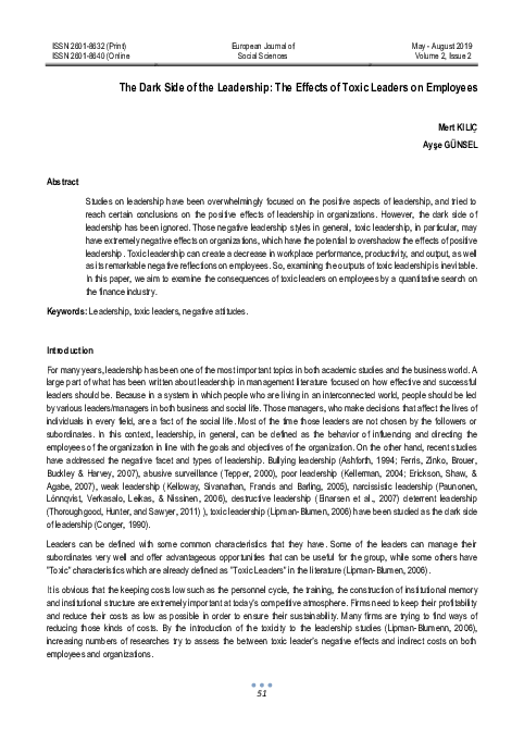 (PDF) The Dark Side of the Leadership: The Effects of Toxic Leaders on ...
