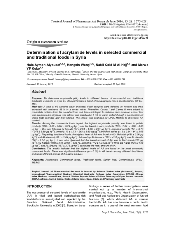 (PDF) Determination of acrylamide levels in selected commercial and ...