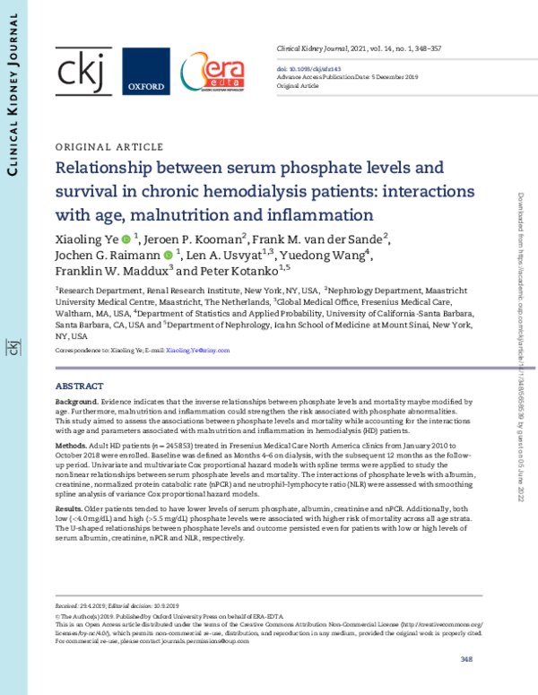 (PDF) Relationship between serum phosphate levels and survival in ...