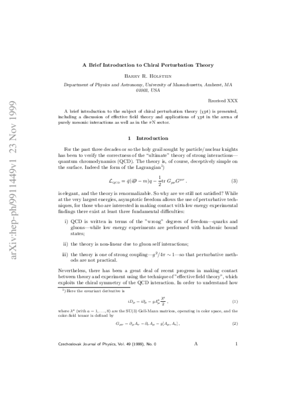 (PDF) A brief introduction to chiral perturbation theory