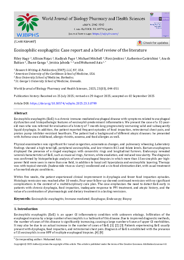 (PDF) Eosinophilic esophagitis: Case report and a brief review of the ...