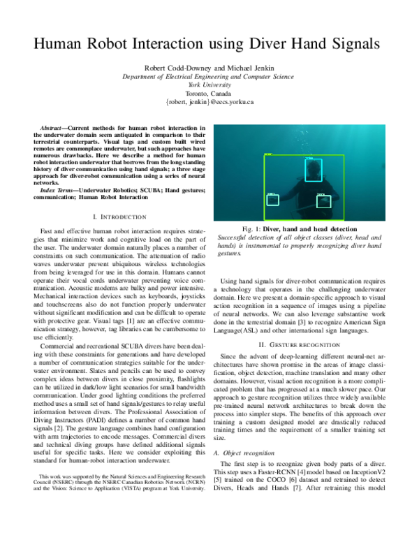 (PDF) Human Robot Interaction Using Diver Hand Signals