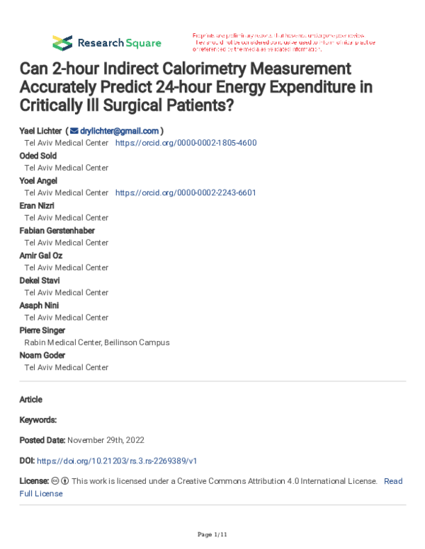 (PDF) Can 2-hour Indirect Calorimetry Measurement Accurately Predict 24 ...