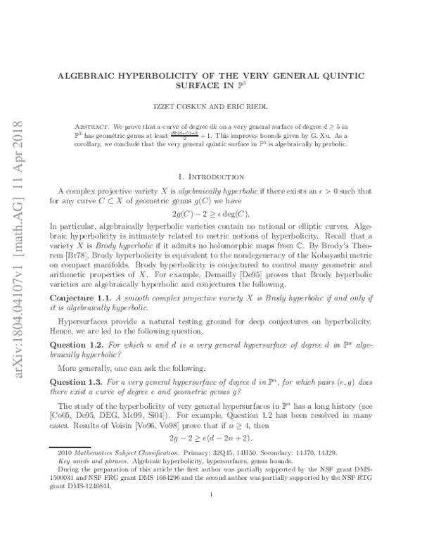 (PDF) Algebraic hyperbolicity of the very general quintic surface in ...