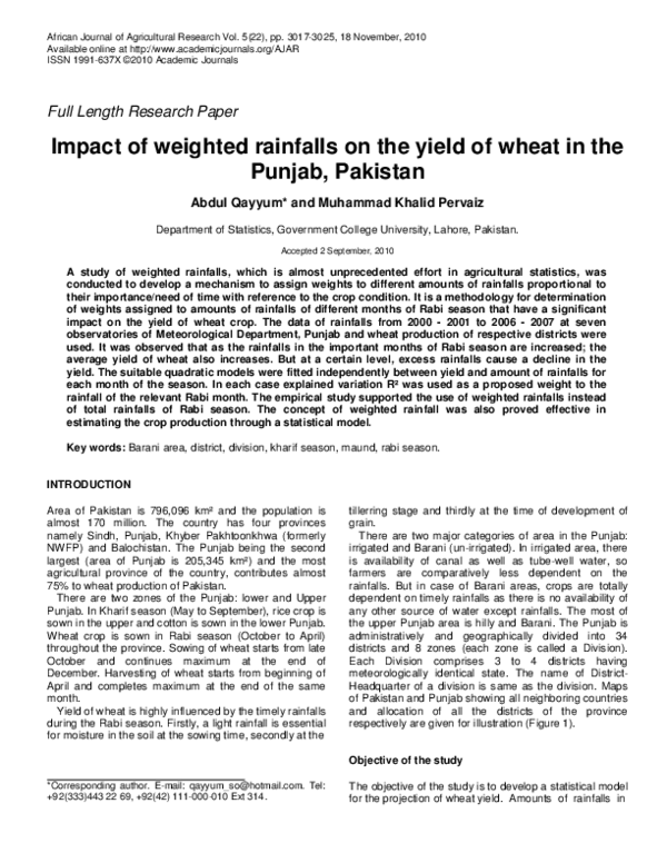 (PDF) Impact of weighted rainfalls on the yield of wheat in the Punjab ...