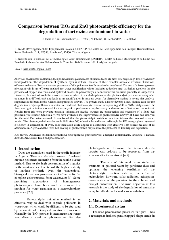 (PDF) Comparison Between TiO2 and ZnO Photocatalytic Efficiency for the ...