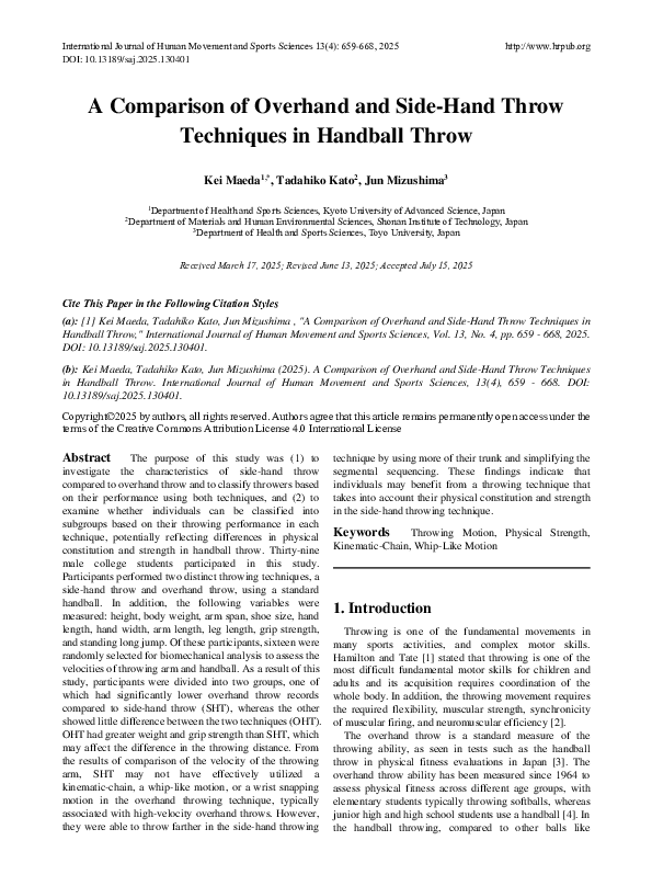 (PDF) A Comparison of Overhand and Side-Hand Throw Techniques in ...