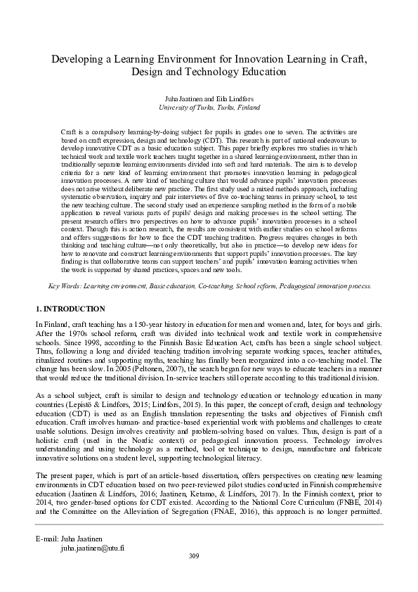 (PDF) Developing a Learning Environment for Innovation Learning in ...