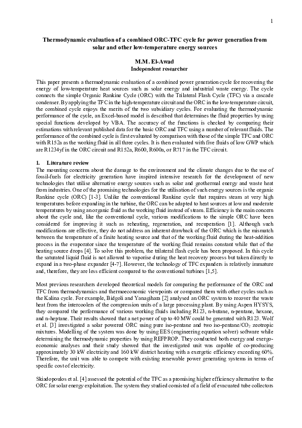 (PDF) Thermodynamic Evaluation of a Combined ORC-TFC Cycle for Low ...