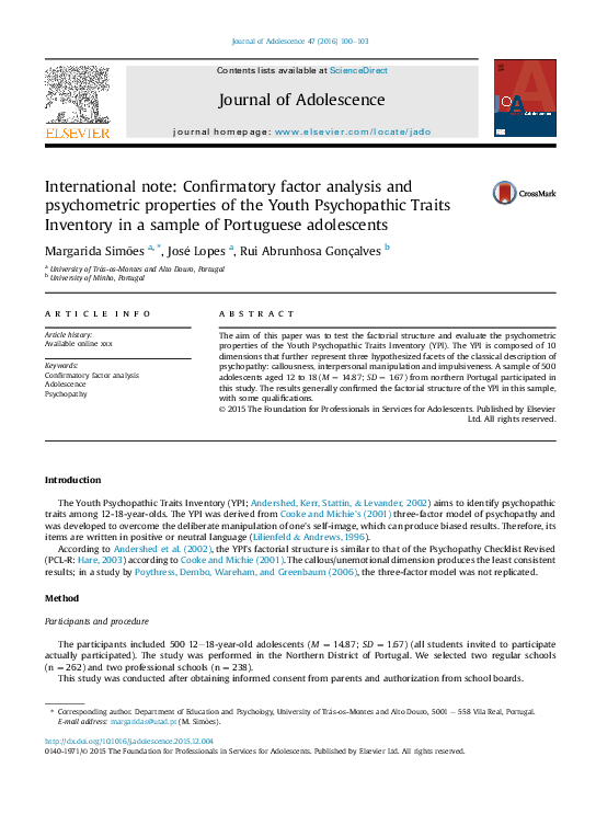 (PDF) International note: Confirmatory factor analysis and psychometric ...
