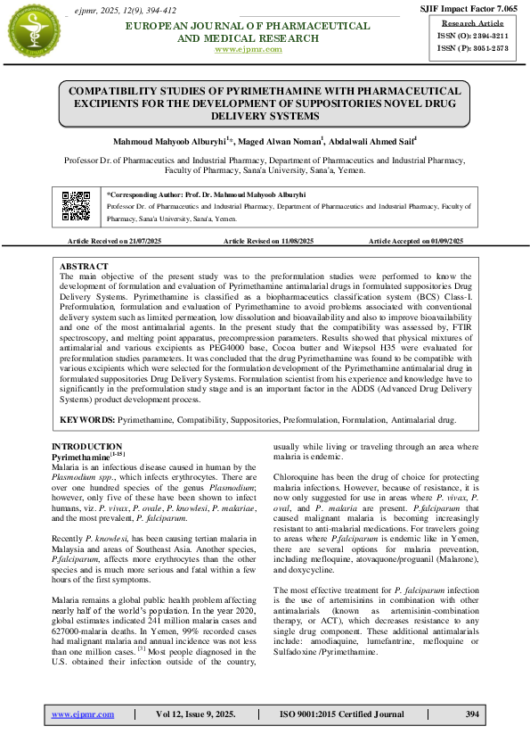 (PDF) COMPATIBILITY STUDIES OF PYRIMETHAMINE WITH PHARMACEUTICAL ...