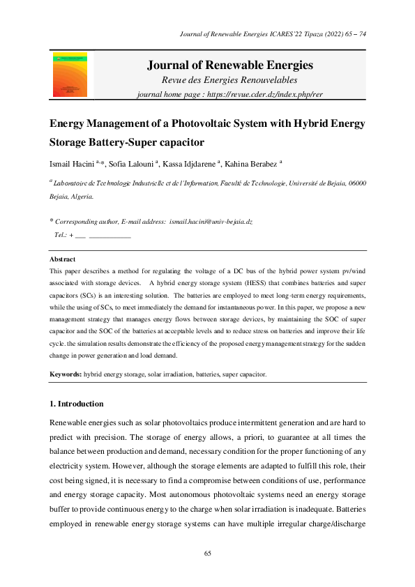 (PDF) Energy Management of a Photovoltaic System with Hybrid Energy ...