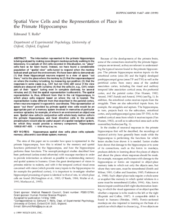 (PDF) Spatial view cells and the representation of place in the primate ...