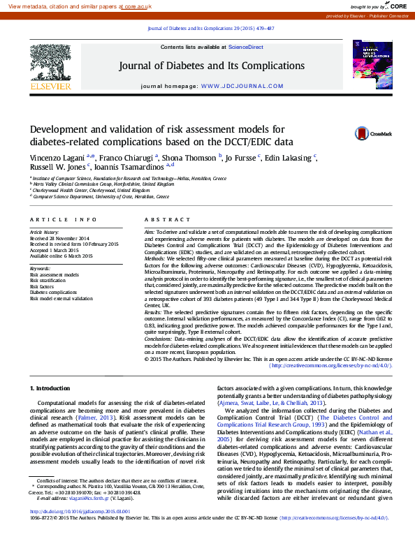 (PDF) Development and validation of risk assessment models for diabetes ...