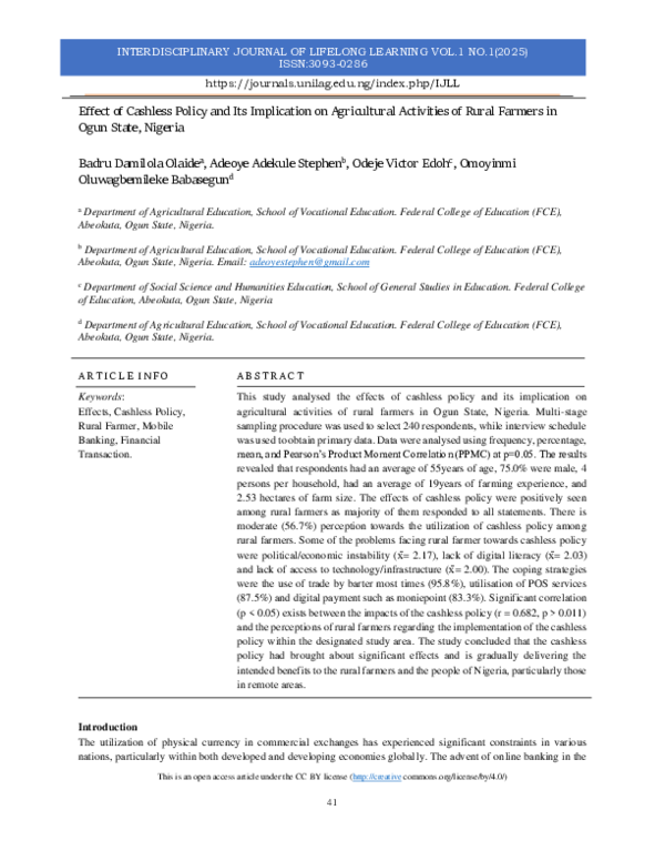 (PDF) Effect of Cashless Policy and Its Implication on Agricultural ...