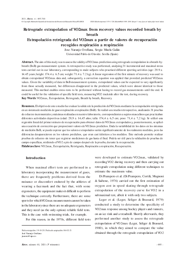 (PDF) Retrograde extrapolation of VO2max from recovery values recorded ...