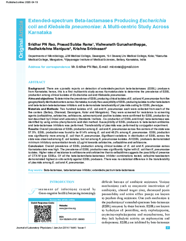(PDF) Extended-spectrum beta-lactamases producing Escherichia coli and ...