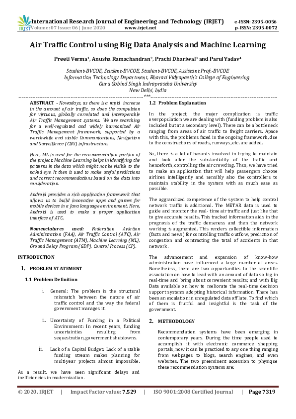 (PDF) Air Traffic Control using Big Data Analysis and Machine Learning