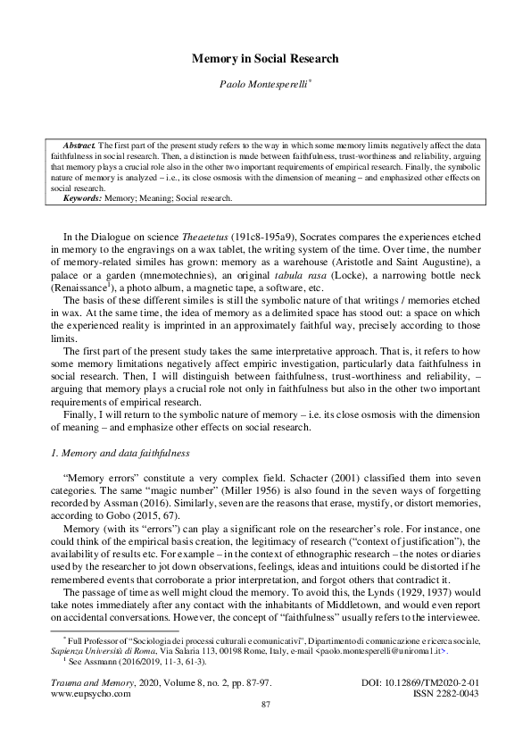 (PDF) Memory in Social Research