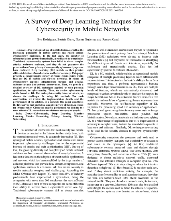 (PDF) A Survey of Deep Learning Techniques for Cybersecurity in Mobile ...