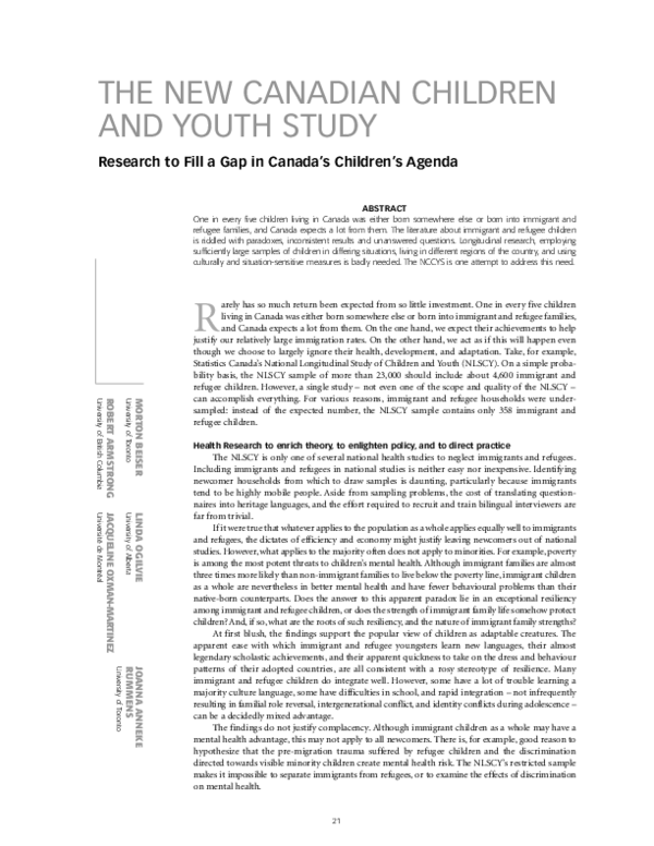 (PDF) The new Canadian children and youth study. Research to Fill a Gap ...