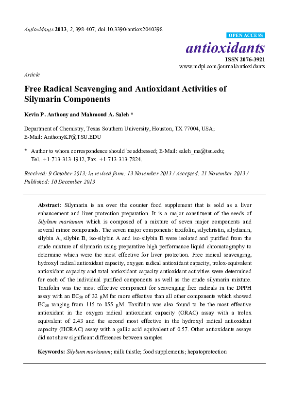 (PDF) Free Radical Scavenging and Antioxidant Activities of Silymarin ...
