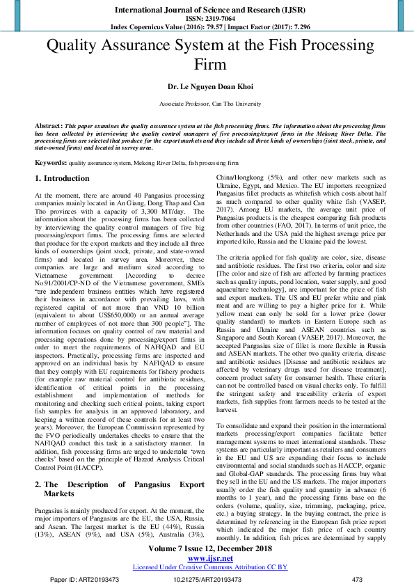 (PDF) Quality Assurance System at the Fish Processing Firm Dr