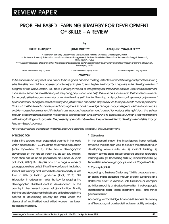 (PDF) Problem Based Learning Strategy for Development of Skills – a Review